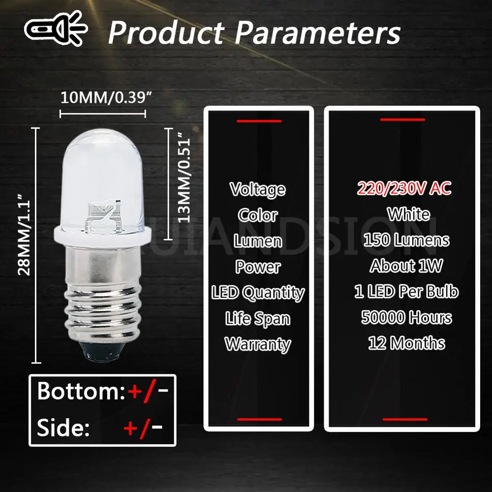 RUIANDSION 2X E10 F5 gwint Led żarówka AC 220V 230V 6000K 4300K ciepły biały Instrument wskaźnik obrabiarki oświetlenie 1W