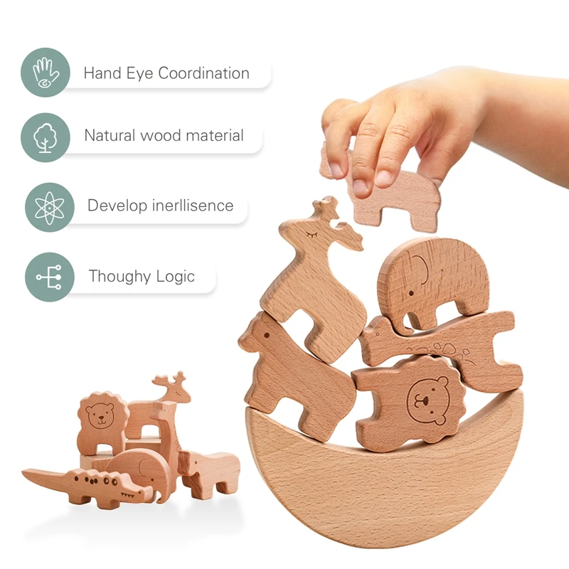 Montessori Baby Wooden Toys Educational Interactive Toys for Kids Animal Stacking Toy Wood Stacked Building Blocks Newborn Gifts