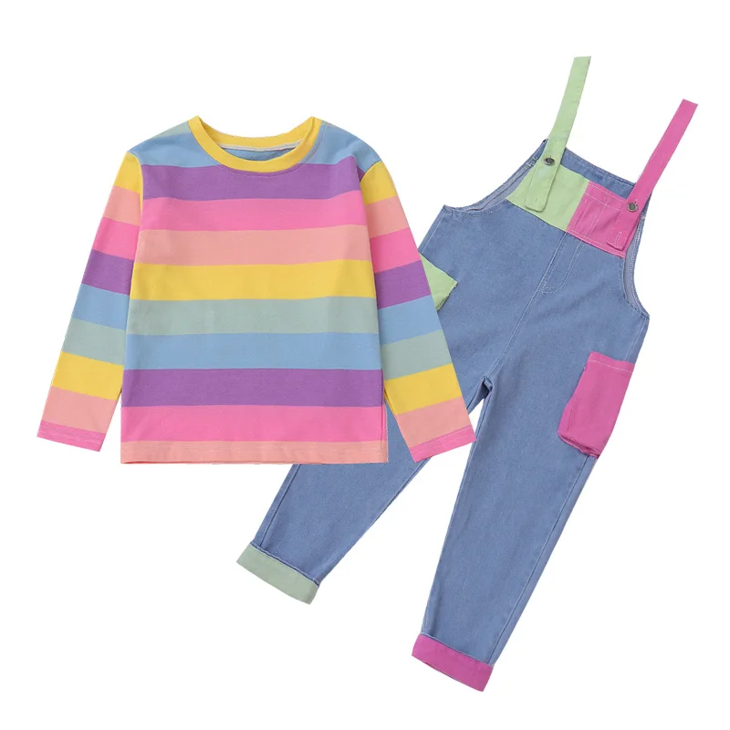 Cute Girls Clothes Colorful Tops Long Sleeve Rainbow Sweatshirt Jeans Pocket Denim Jumpsuit 4 5 6 7 9 11 12 Years Girl 2pcs Sets