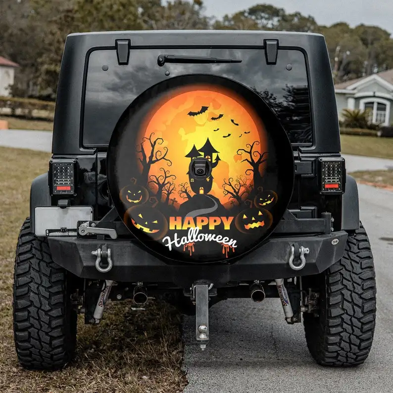 Halloween Car - Happy Halloween Castle In Full Moon Gift For Him, Halloween Gift, Personalized Spare Tire Cover,