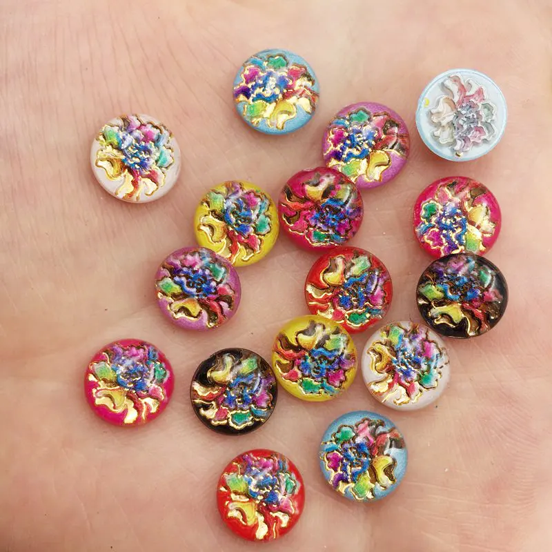 New 100pcs Mix Resin 10mm Colorful  Peony Round Flat back Rhinestone Appliques DIY Wedding Scrapbook Craft SF841