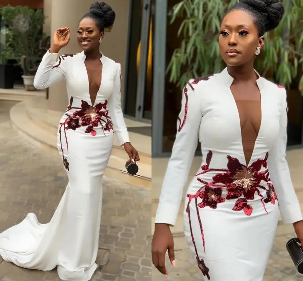 Mermaid Sexy African Evening Dresses Long Sleeves Appliques Deep V-neck Prom Formal Gowns 2025 Celebrity Wear Customized