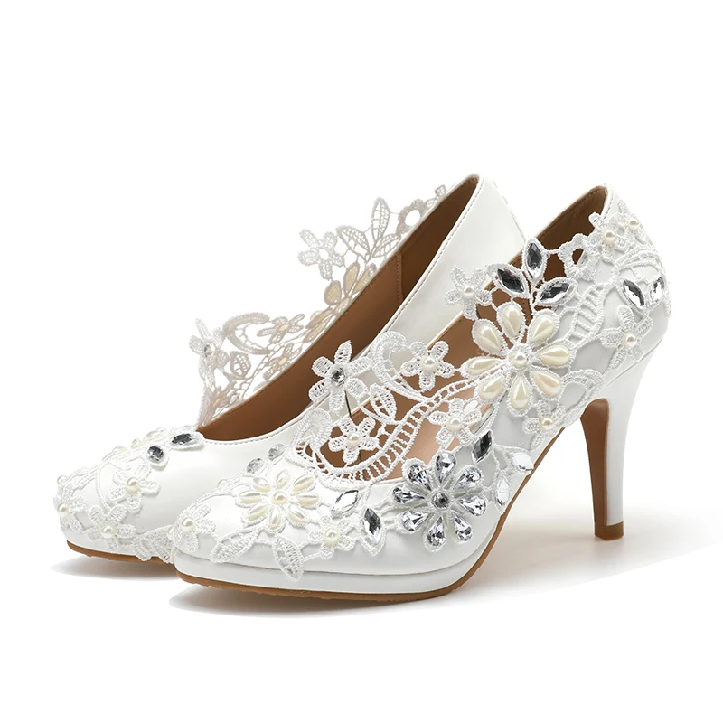 

2021 new women's wedding fashion flower shoes women high heels high heels white lace party dress shoes