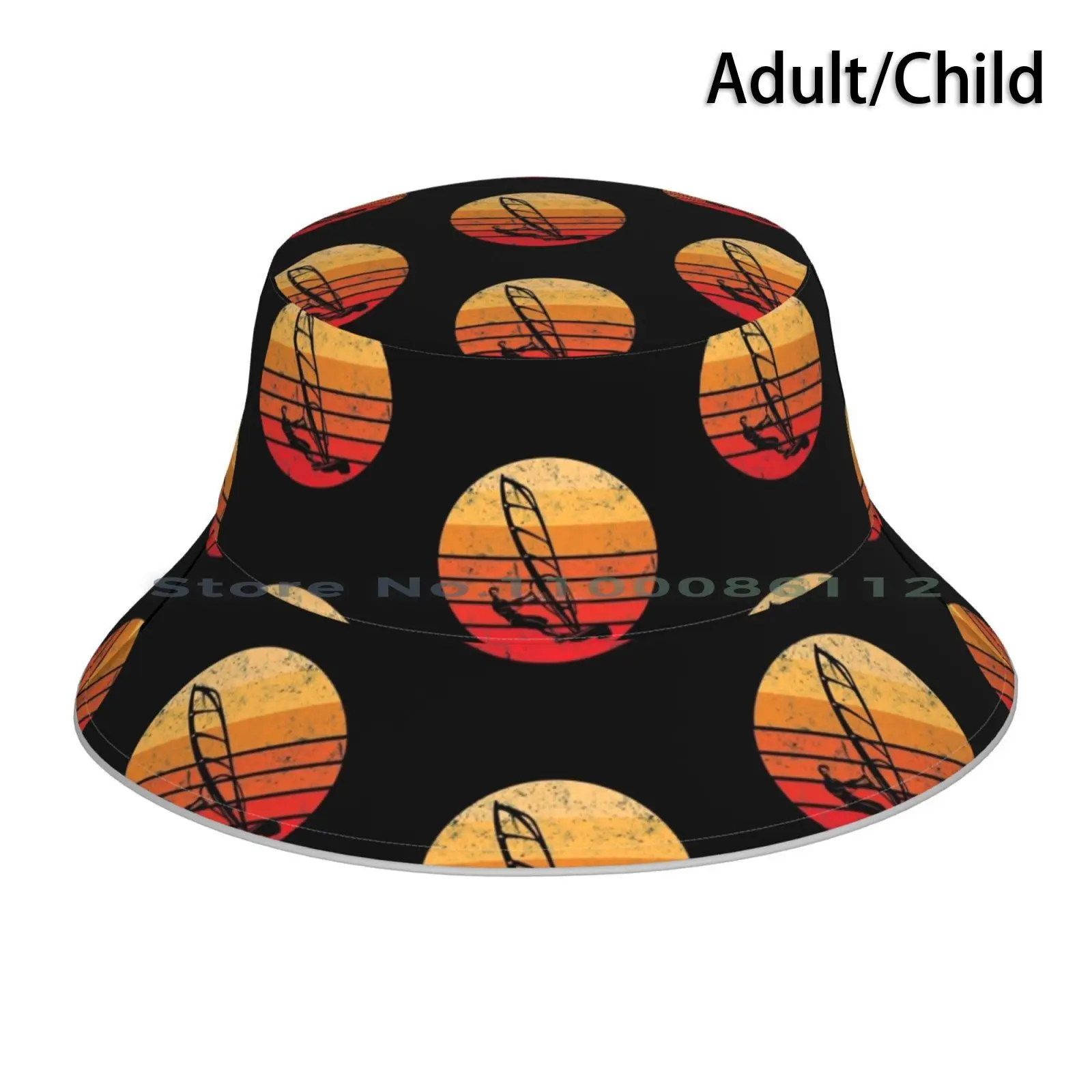 Retro Windsurf Sunset Bucket Hat Sun Cap Windsurfing Silhouette Sunset Windsurfer Weathered Retro Graphic Vintage Distressed