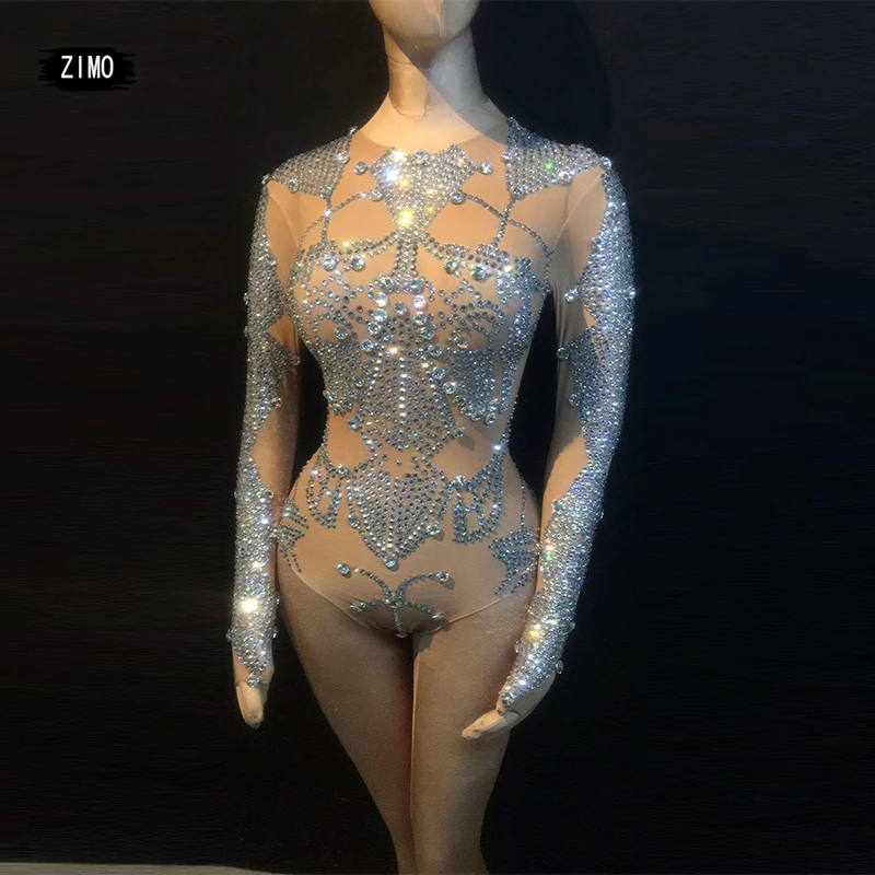 여성용 섹시한 실버 라인석 바디수트, 바 나이트클럽 쇼걸 댄스 폴 파티, 탄성 레오타드 무대 의상, 축제 패션