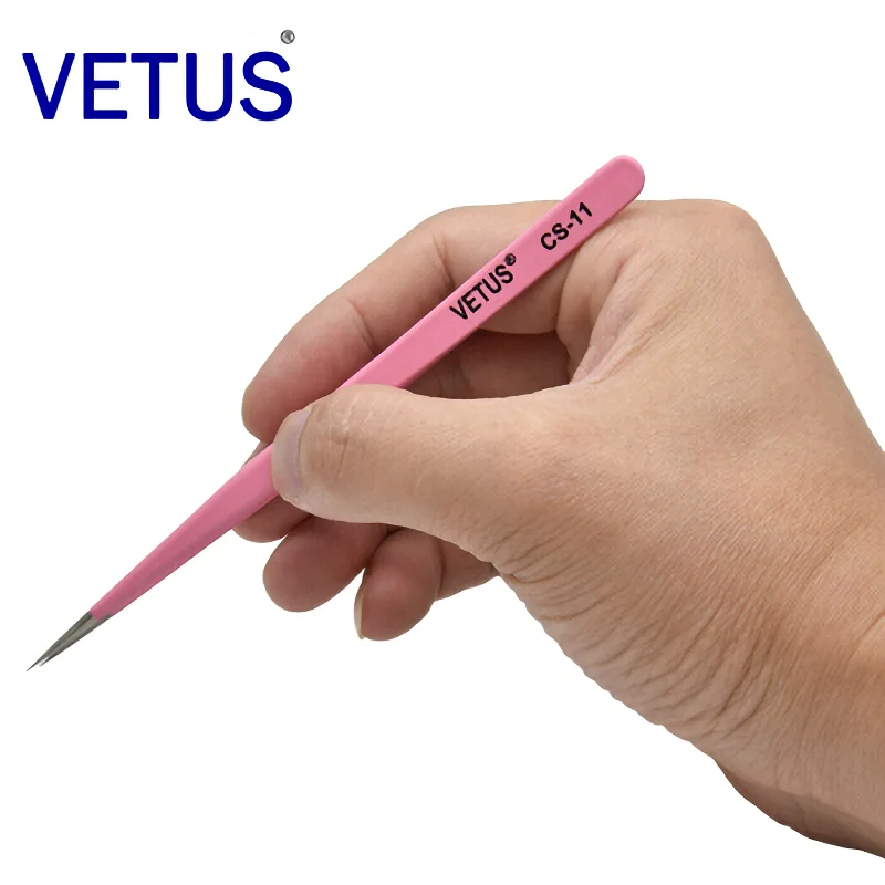 VETUS CS-11 Pink Tweezers Anti -acid Anti-alkali Corrosion-resistant ESD Anti-Static Pincers Eyelash Grafting Blooming Tool