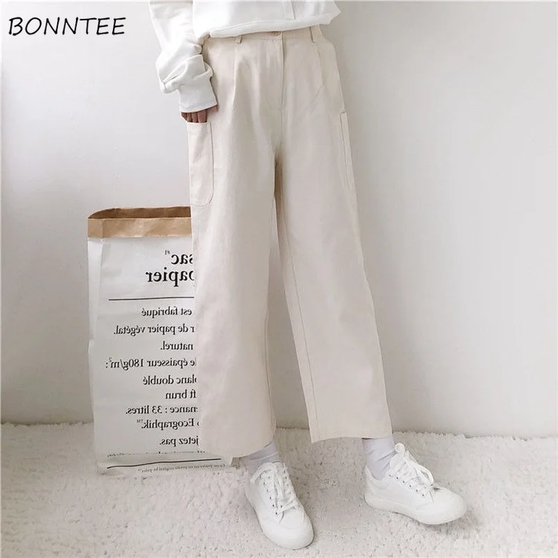 

Pants Women Solid Cute Student Japanese Style Loose Straight Leisure Simple Basic Trousers Female All-match Spring Fashion Ins