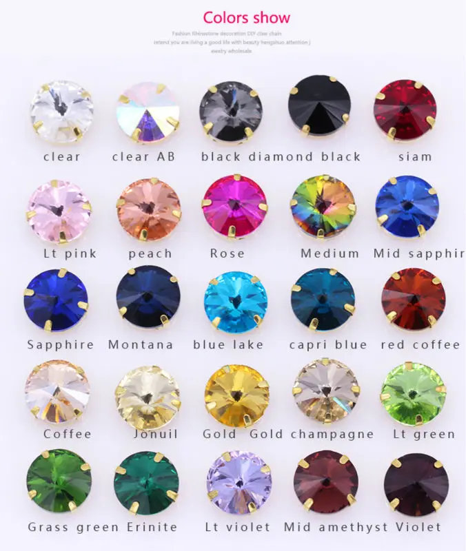 All Sizes 25-Color Rivoli round sewing glass stone sew on crystal rhinestone Gold Claw Montees for craft headdress clothes shoes