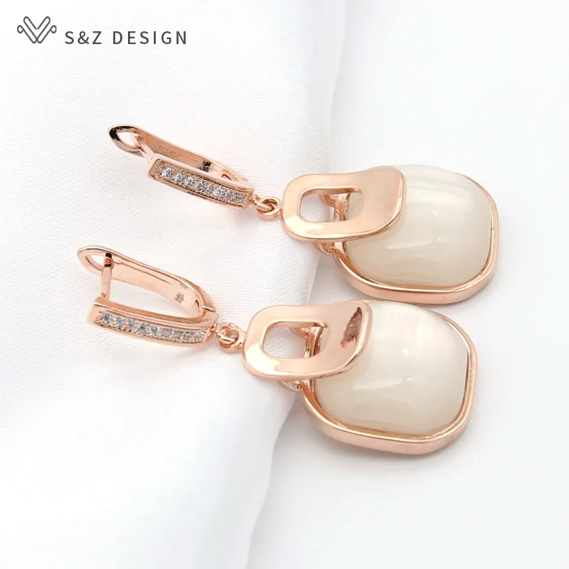 S&Z DESIGN New Fashion Simple Square Dangle Earrings For Women Party Jewelry Zirconia 585 Rose Gold Color Eardrop