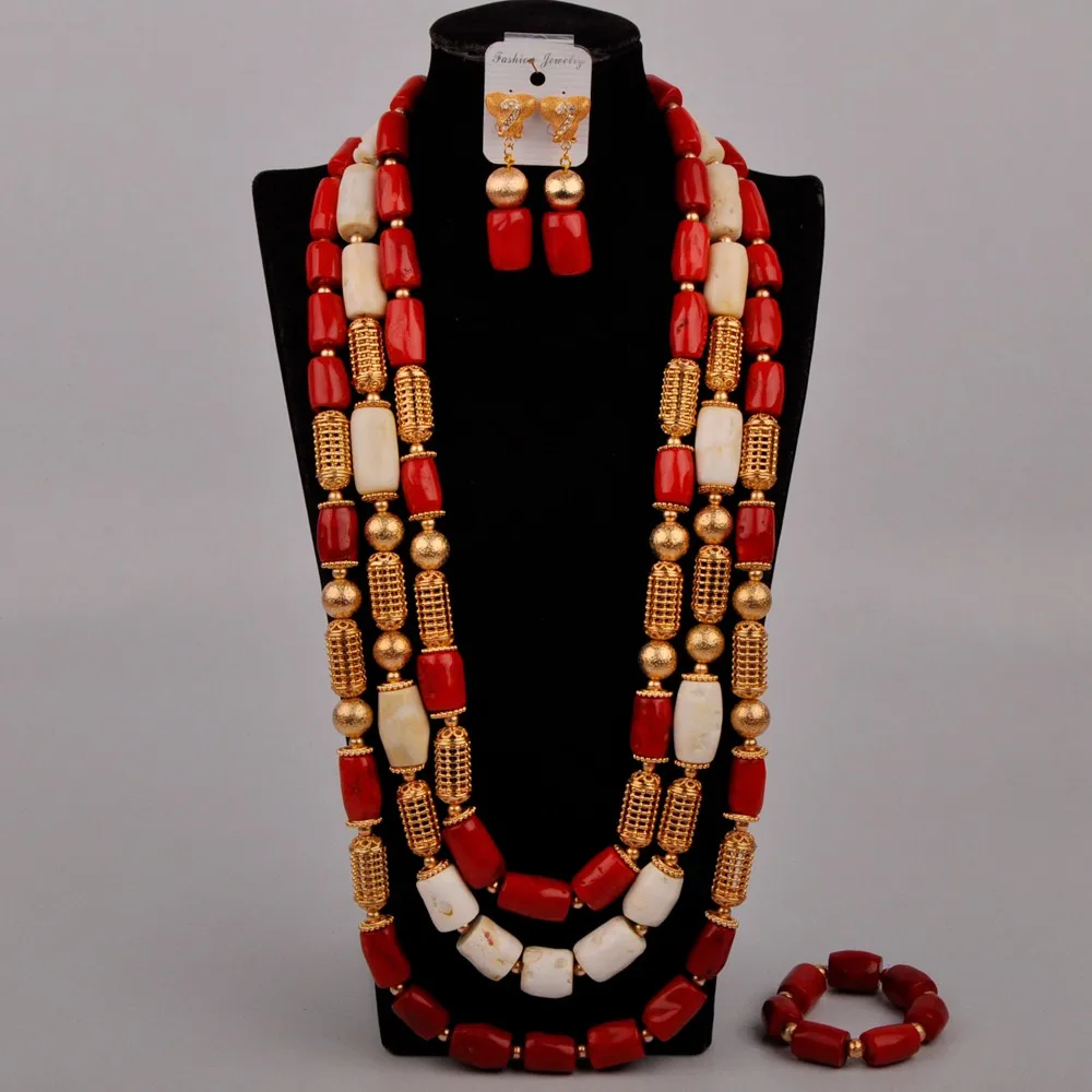 Fashion Mixed Color Red and White Natural Coral Bead Necklace Nigeria Wedding Jewelry African Bride Wedding Jewelry Set AU-362