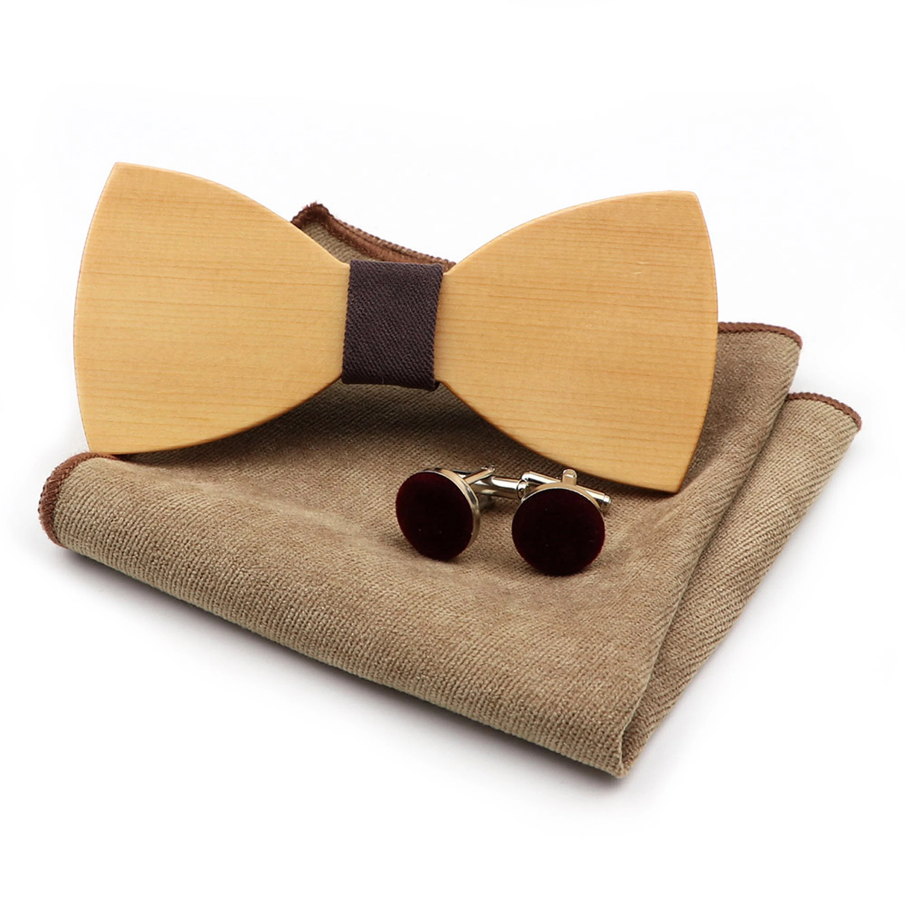 Fashion New Wooden Bowtie Handkerchief Cufflinks Set Handmade Men's Solid Wood Bow Tie Round Cuff Link Super Soft Pocket Square