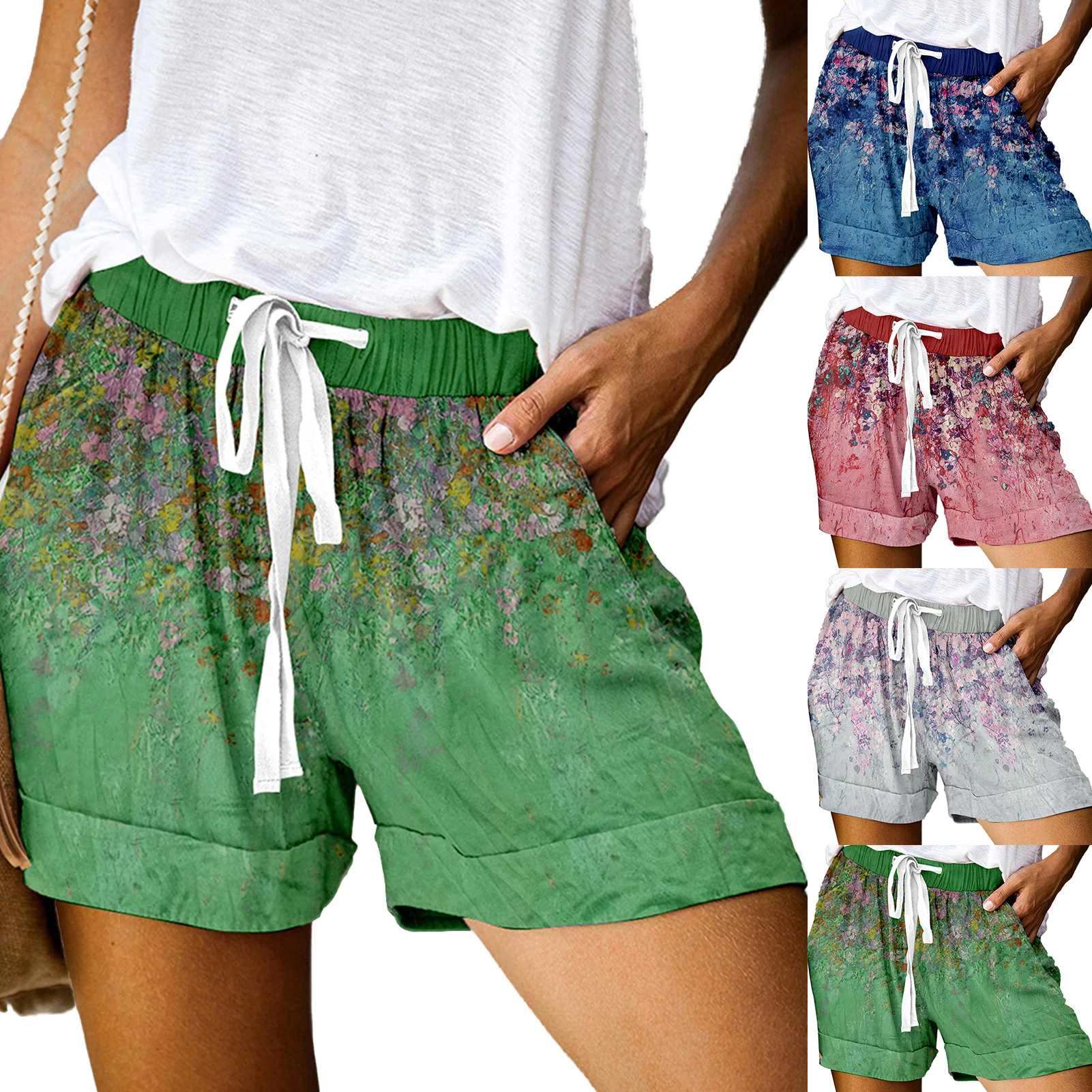 Shorts feminino estampa floral, perna larga verão, folgado, cordão, cor sólida, esportivo, casual, com bolso, cintura alta, roupas femininas