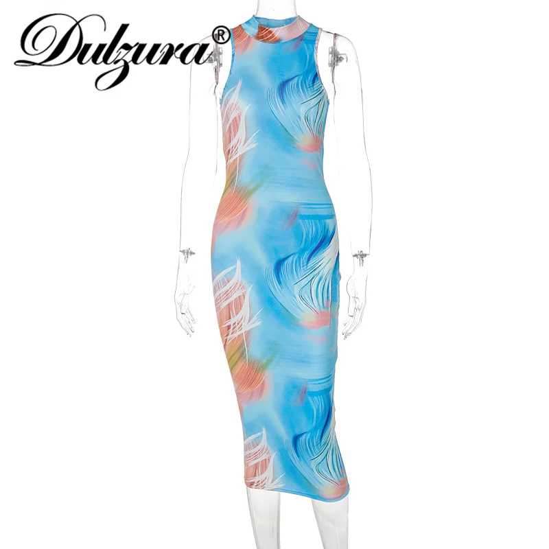 Dulzura Tie Dye Print Women Sleeveless Backless Midi Dress Bodycon Sexy Streetwear Party Elegant Club 2021 Autumn Winter Y2K