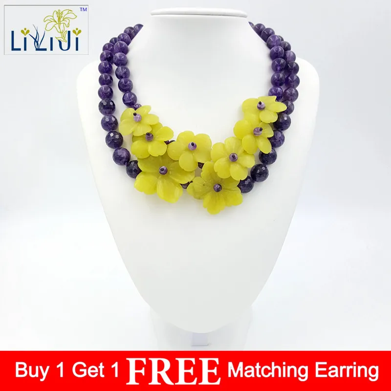 

LiiJi Unique Natural Stone Amethysts, Korea jades Flowers with jades Toggle Clasp Necklace Fashion Women Jewelry