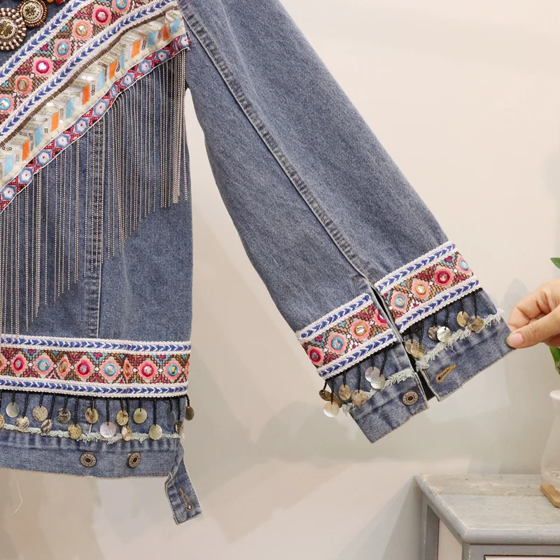 Denim Jacket Female Autumn Vintage Ethnic Appliques Embroid Tassels Bead Loose Sleeve Outerwear Jacket Women Chaquetas Mujer