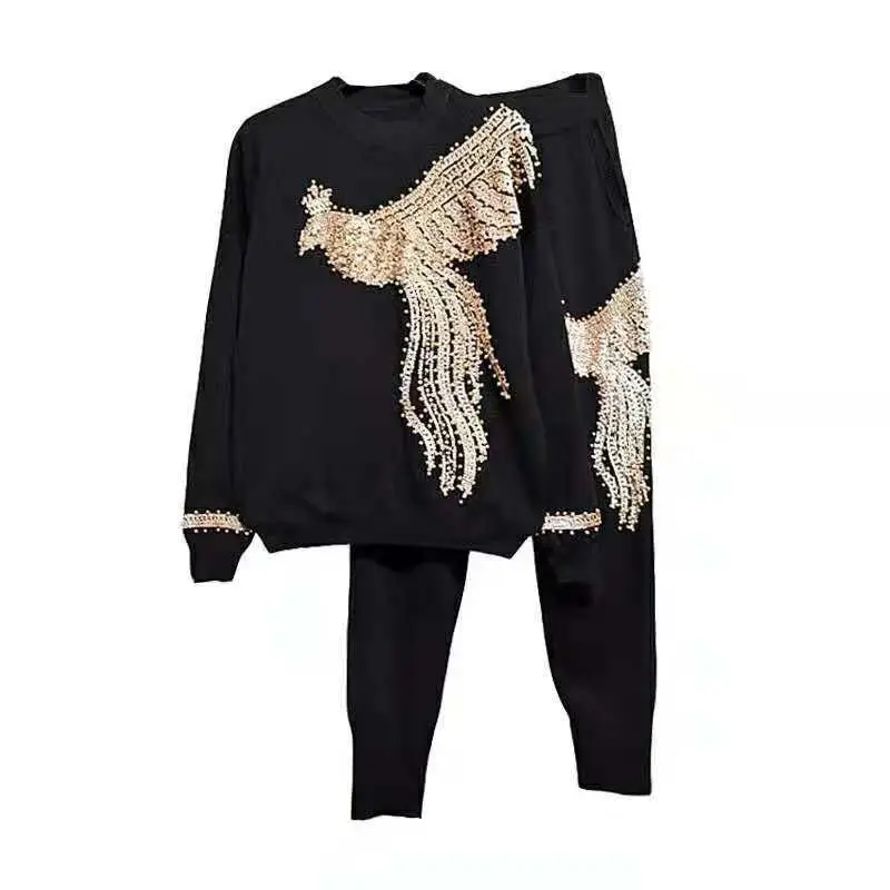 

Phoenix Beading Knitted Women Suit New Fashion Long Sleeve Sweater+ Pants 2 Piece Set Ladies Clothing Winter