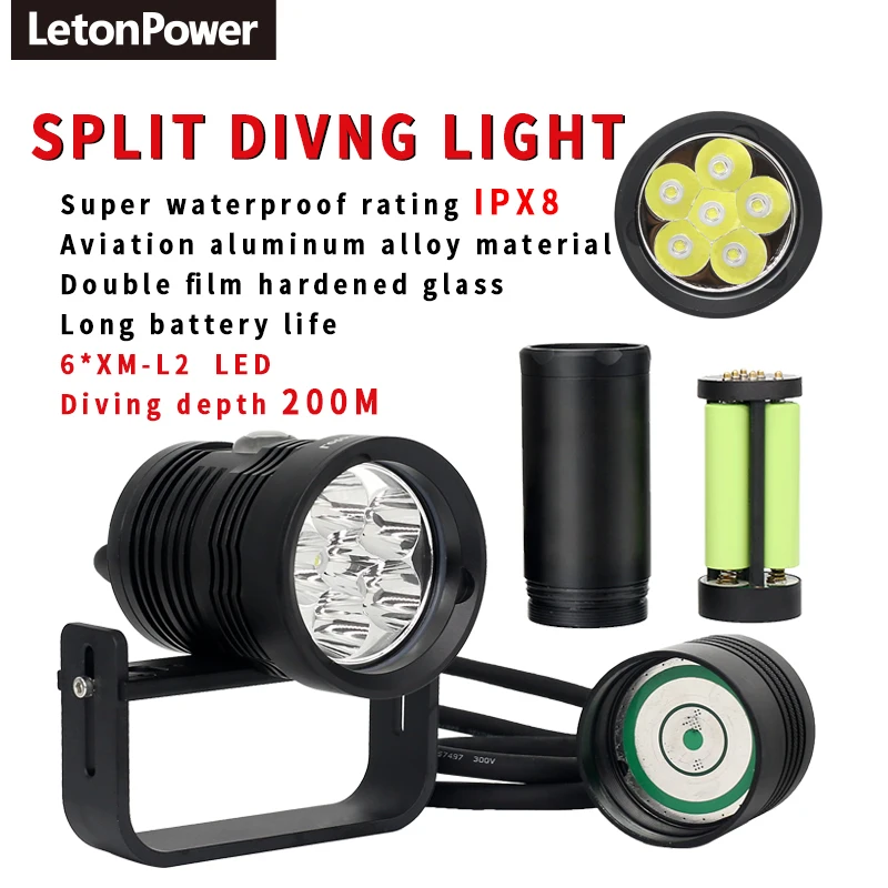 

LetonPower Canister Dive Lamp Technical Diving Highlighted Flashlight6xL2 10000lm Scuba Dive Torch Underwater LED Video Light