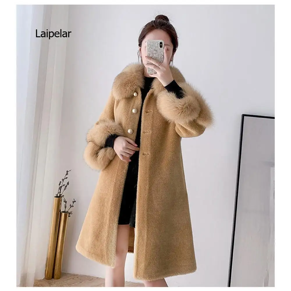 Winter Faux Fur Coat Female Long Jacket Fluffy Sleeve Single Breasted Overcoat Furry Collar Elegant Outerwear Office Style