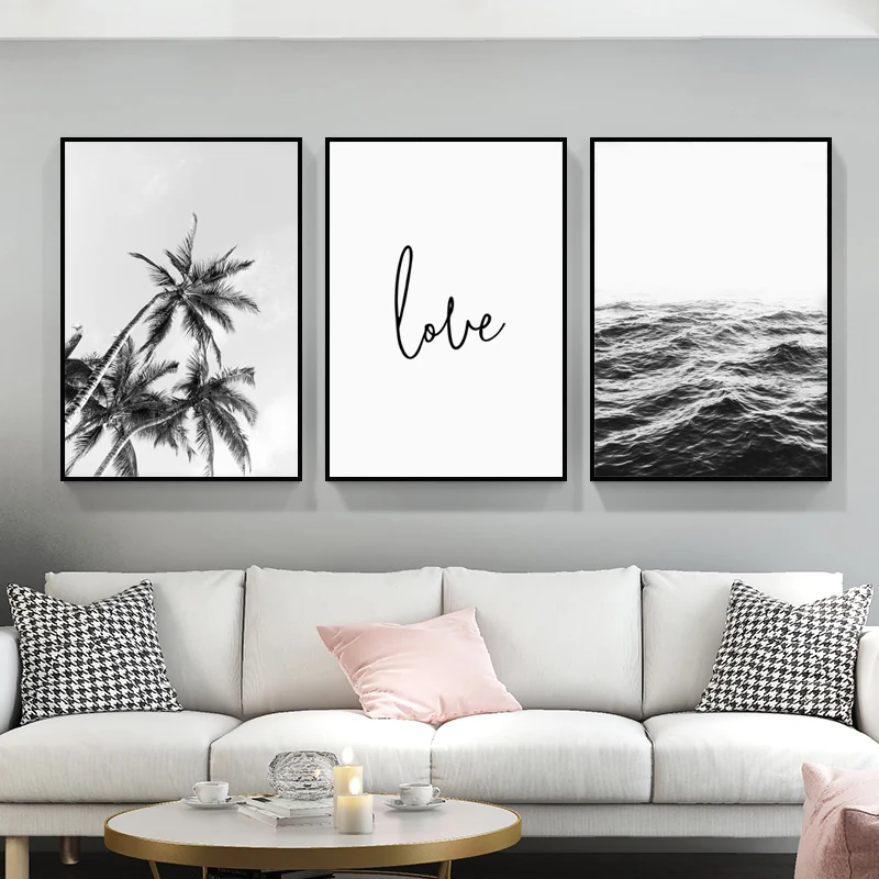 Nordic Travel Landcape Canvas Poster Tropical Palm Flower Bus Ocean Minimalist Painting Black White Living Room Decor Picture