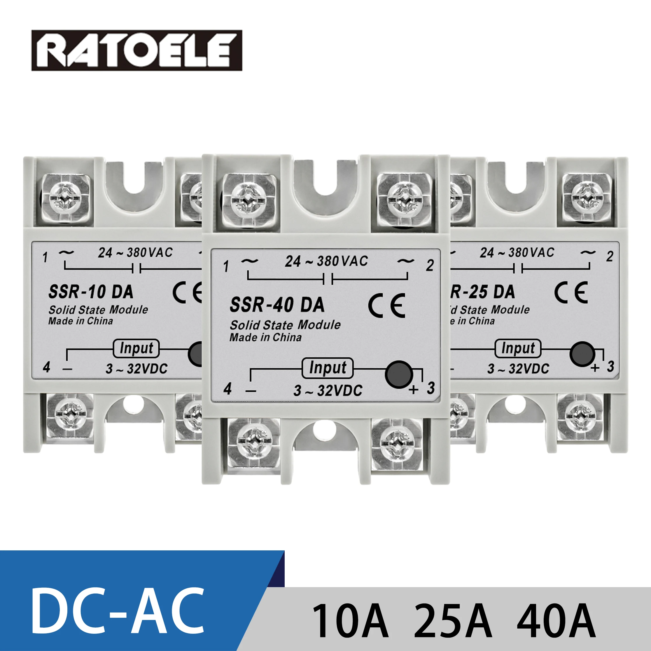 Single Phase Solid State Relay 10DA/25DA/40DA Input 3-32VDC Output 24-380VAC SSR DC Control AC