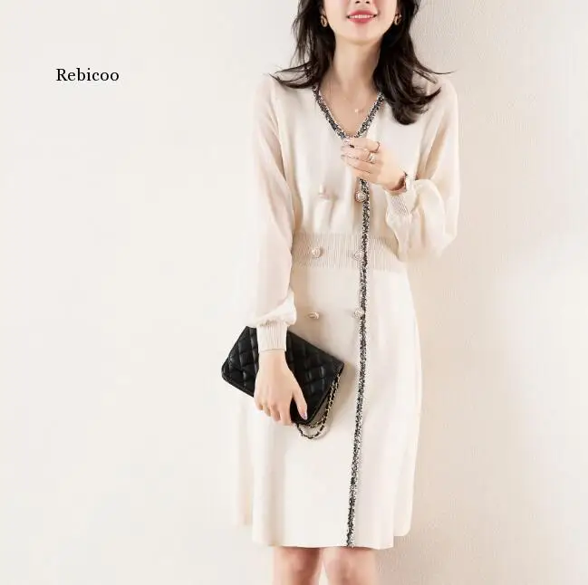 

Autumn Fashion Slim Knitted Women dress transparent long Sleeve beading buttons spliced Elegant V neck Female Garments