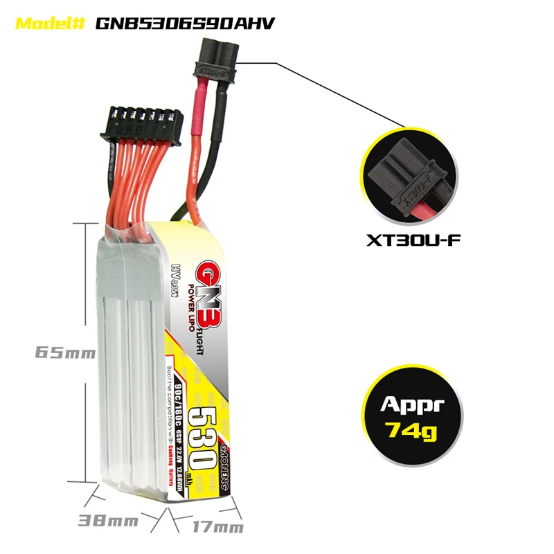 2PCS GNB 1S 2S 3S 4S 6S Max 180C HV LiPo Battery 530mAh PH2.0/XT30U-F Plug For RC Helicopter Quadcopter FPV Racing Drone Parts