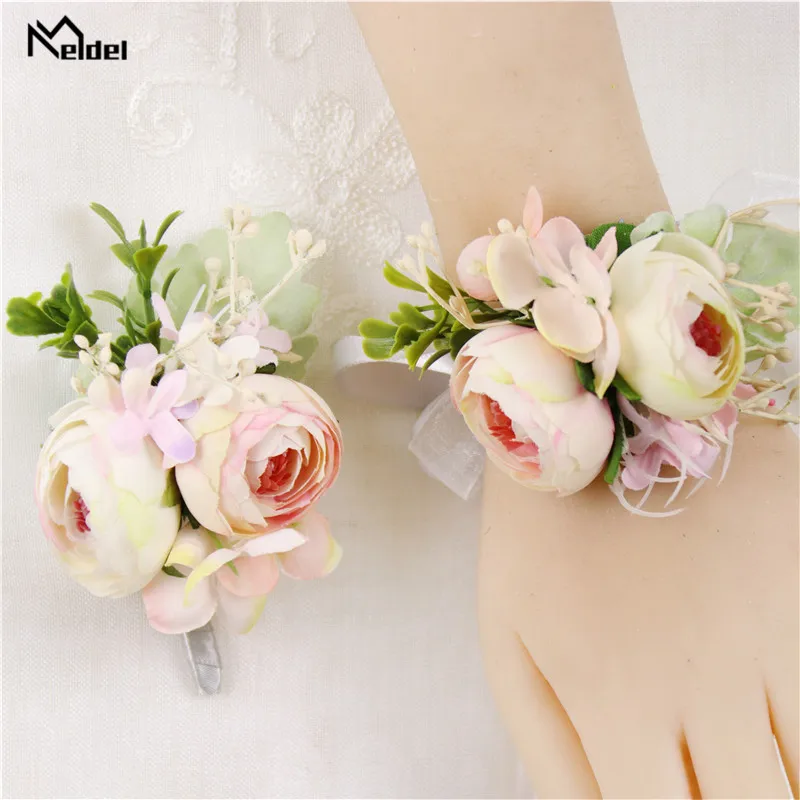 Meldel Chú Rể Boutonniere Hoa Cưới Lụa Hoa Hồng Phù Dâu Cổ Tay Corsages Cưới Vòng Tay Hoa Xòe Phù Hợp Với Chân Trang Trí