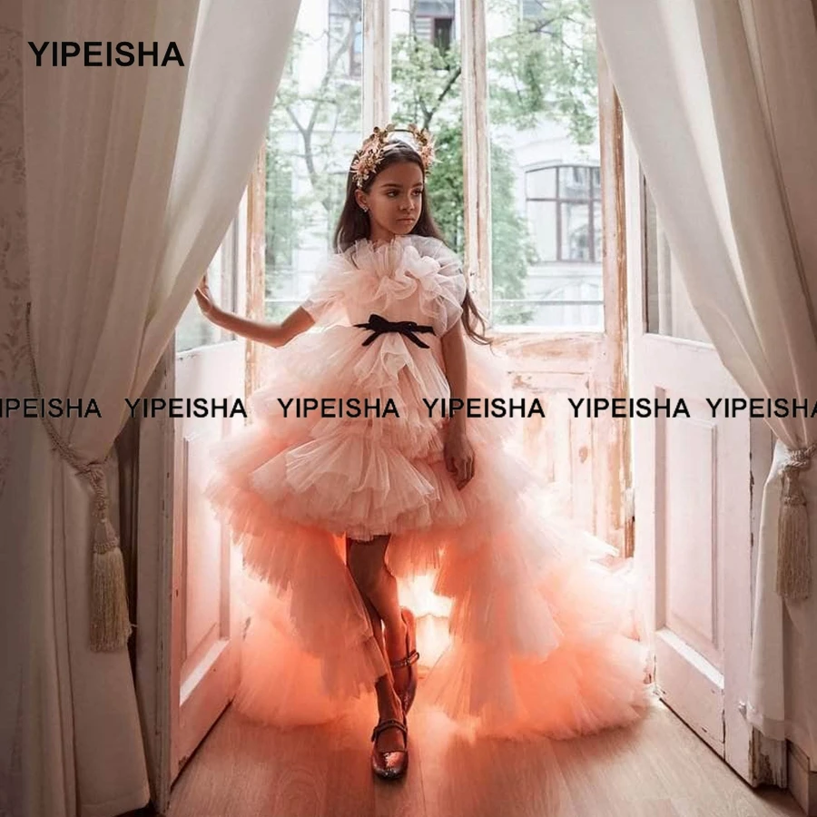 Yipeisha น่ารัก Ball ชุดดอกไม้ชุดสำหรับงานแต่งงานชุด High-Low Tulle วันเกิดเด็กชุดเจ้าหญิง First communion