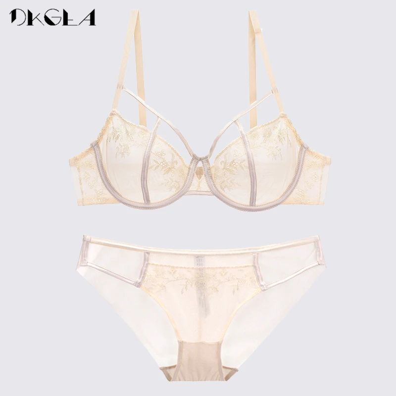 Hollow Bandage Sexy Bra Panties Sets Ultrathin Brassiere Plus Size Transparent Underwear Women Set Bras Lace Embroidery Lingerie