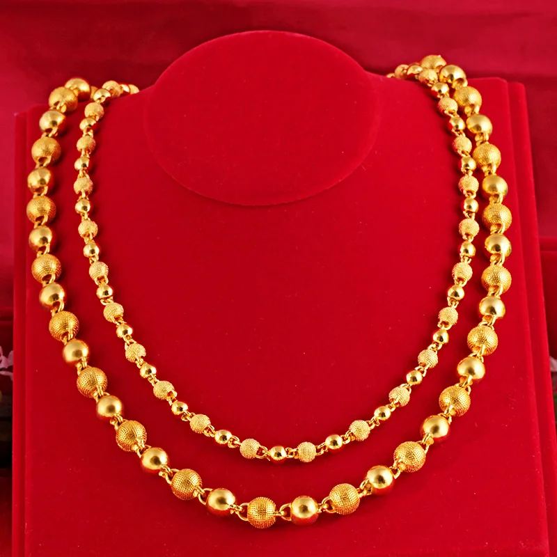 Genuine 18k Gold Color Necklace For men Solid round pearlChain Clavicle Chain Necklace 60cm Single Chain Fine Jewelry