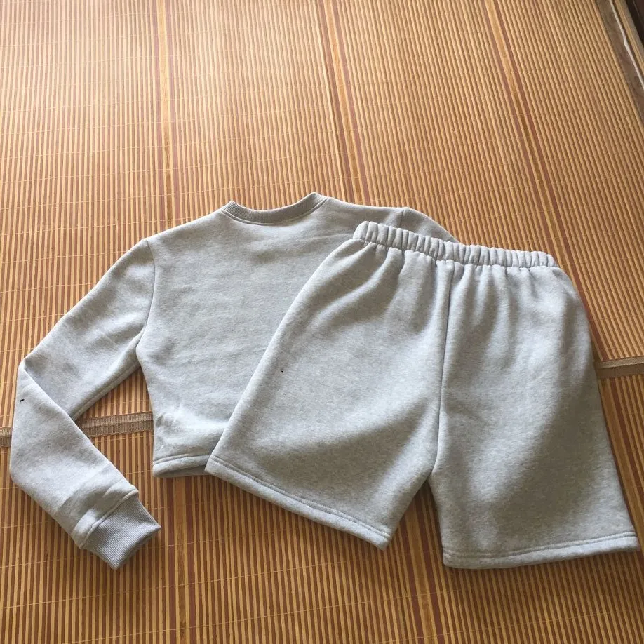 Womens Tracksuits 2 Piece Set Autumn Summer Crop Sweatshirt + Sporting Shorts Sweat Set Ladies Two Piece Outfit Solid Color Sets