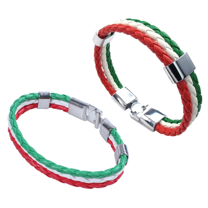 2 Pcs Green White Red Jewelry Bracelet, Italian Flag Bangle, Leather Alloy, For Men's Women, Width 14 Mm - Length 21.5 Cm & 23 C