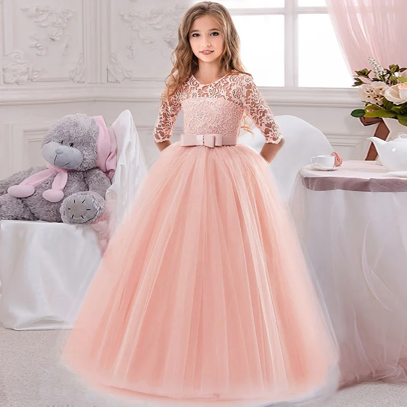 PLBBFZ Christmas Girl Flower Long Sleeve Bridesmaid Dress Kids Wedding Vestido First Communion Clothes Pageant Evening Ball Gown