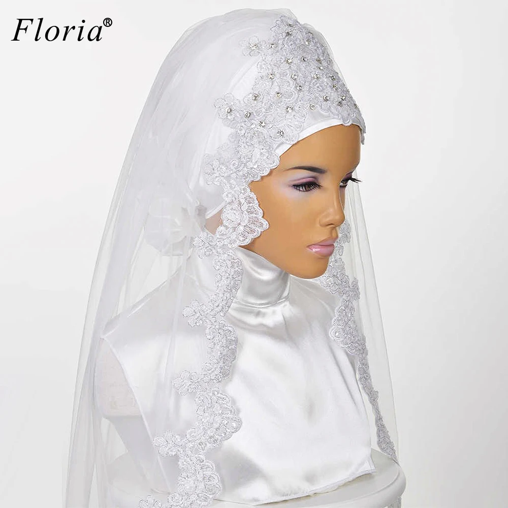 2 Designs White/Ivory Wedding Veils Muslim Lace Wedding Accessories Crystals Long Bridal Veils Voile Mariage