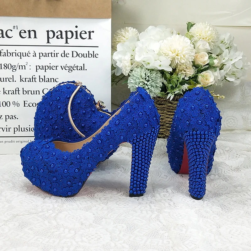 BaoYaFang Royal Blue Flower Wedding shoes and bags sets Ladies Platform shoes woman High heel shoes Thick Heel heart purse