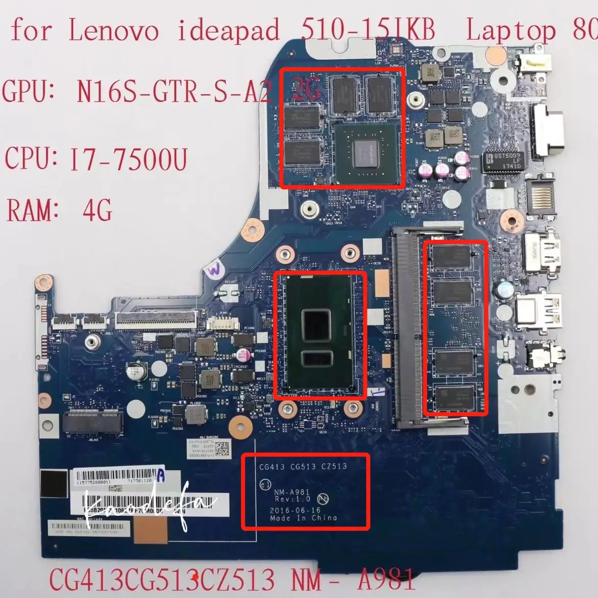 510-15IKB Motherboard NM-A981 For Ideapad 510-15IKB Laptop 80SV 5B20M31158 5B20M31102 CPU:I7-7500U GPU:940MX 2GB 100% Test OK