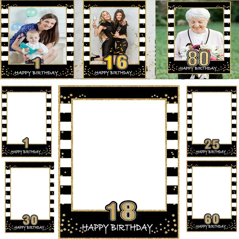 Black Gold Birthday Party Photo Booth Props 1st 16th 18th 21st 25th 30th 40th 50th 60th 70th 80th Birthday Anniversary Decor