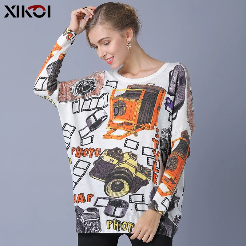 XIKOI Oversized Sweater Women Pullover Fashion Korea Style Art Print Batwing Sleeve O-Neck Casual Computer Knitted Women Jumper