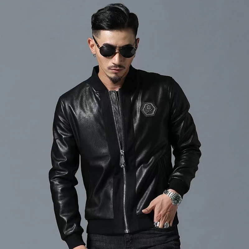 Chaquetas de PU con diamantes de imitación de calavera para hombre, abrigos de cuero de imitación para motocicleta, cuello alto, cremallera, manga