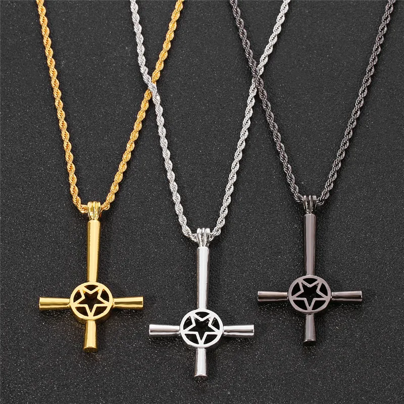 Cross Pentagon Pendant Necklace For Women Men Religious Jewelry 3 Color Creative Fashion Hollow Star Necklaces Gift Wholesale