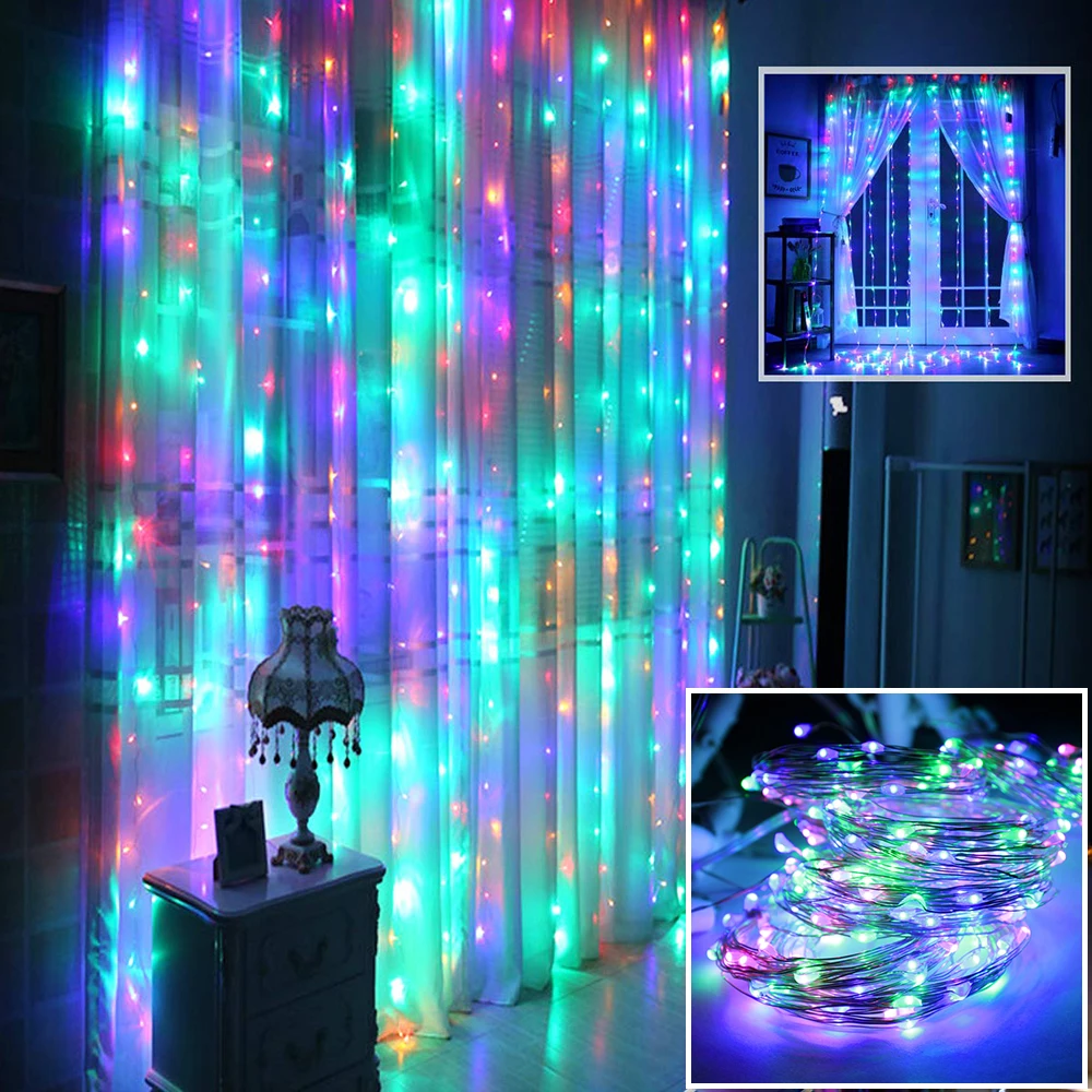 Waterproof 3M X 3M 300LED Window Curtain String Light Remote Music Activated USB Fairy Lamp with Hanging Hook Christmas Decor