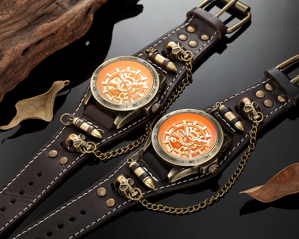 Antik mermi iskelet erkekler otomatik mekanik İzle gotik saat Steampunk kendini sarma saatler kahverengi Vintage Reloj Hombre