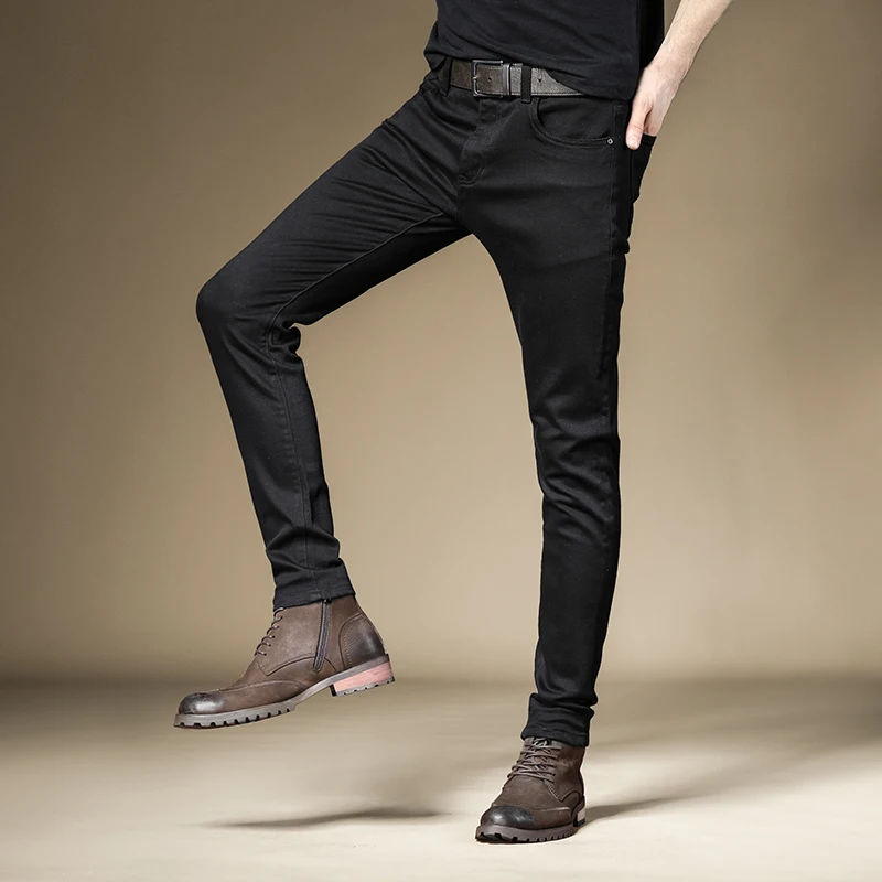 Black Jeans Men Casual Stretch Slim Fit Pants Korean Style Solid Color Straight Denim Trousers