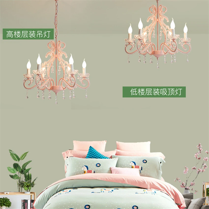 Korean style pink crystal candle hanging chandeliers lights bedroom princess living children's room lamp European decor fixtures