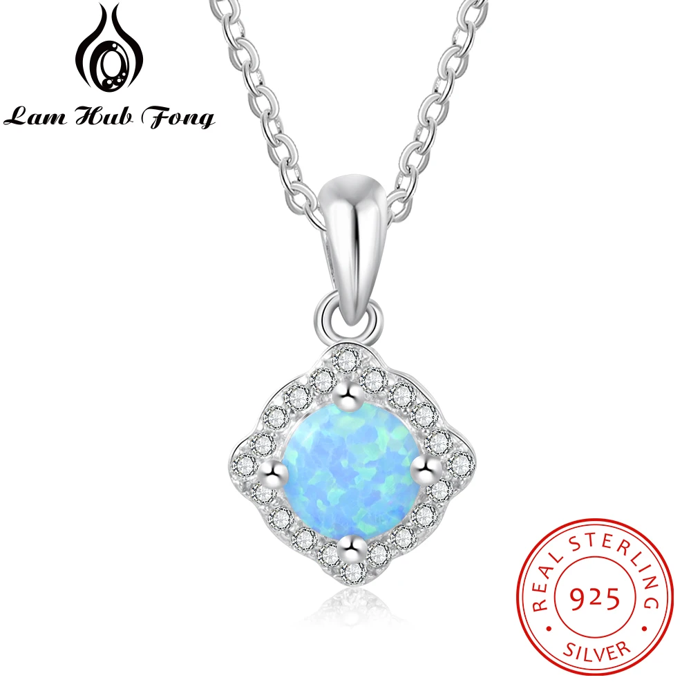 925 Sterling Silver Blue Opal Pendant Necklaces for Women Cubic Zirconia Chain Link Necklaces Silver 925 Jewelry (Lam Hub Fong)