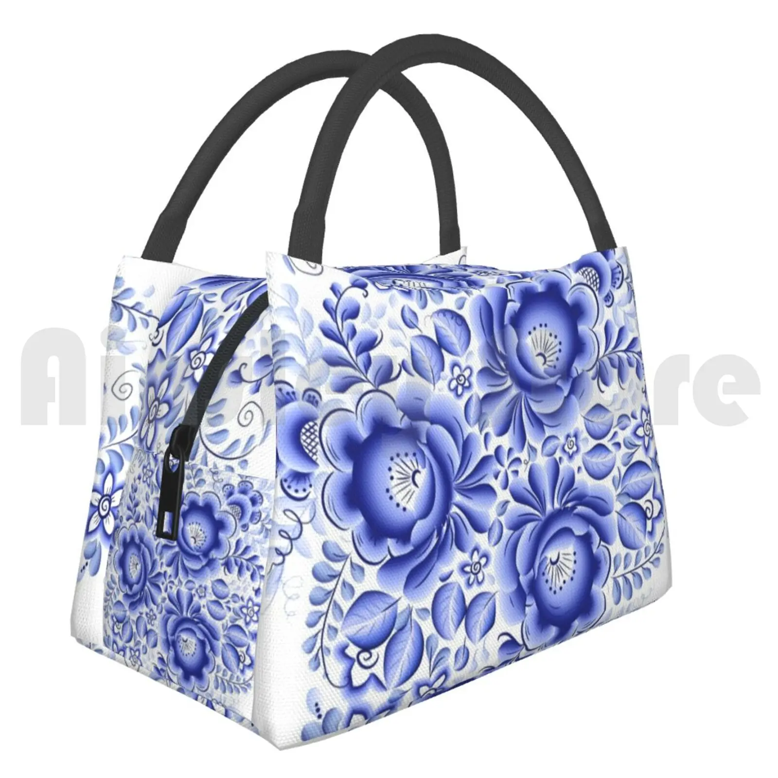 Portable Insulation Bag Blue Floral Design In Russian Gzhel Style Blossom Blue Decorative Floral Flower