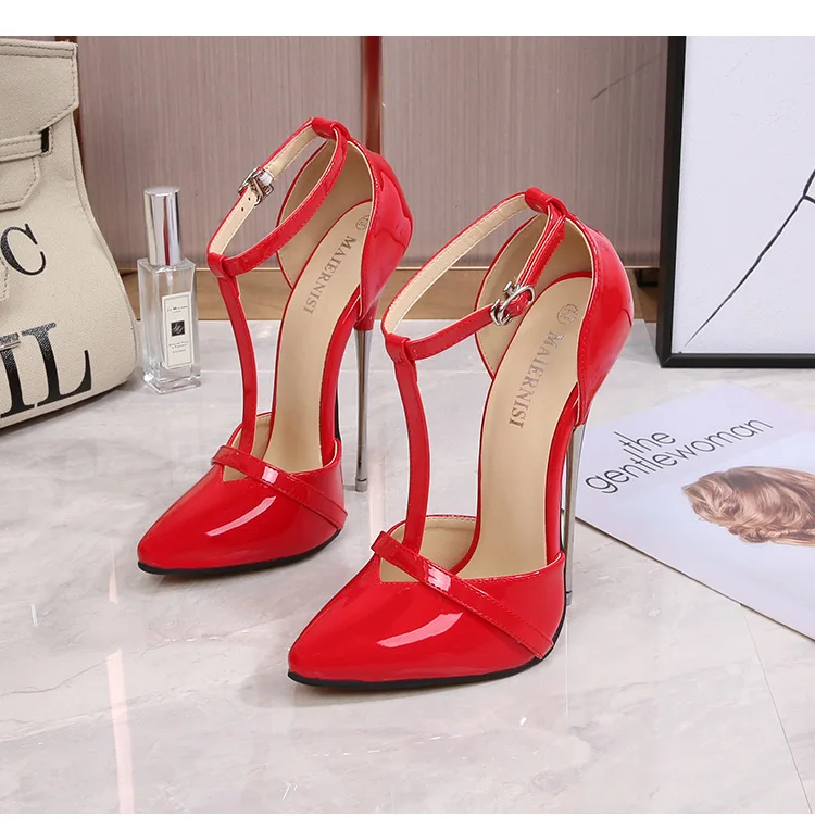 Crossdresser shoes zapatos mujer 16cm thin heels Sandals women wedding Pumps Bridal Buckle Patent Leather Stiletto Drop shipping