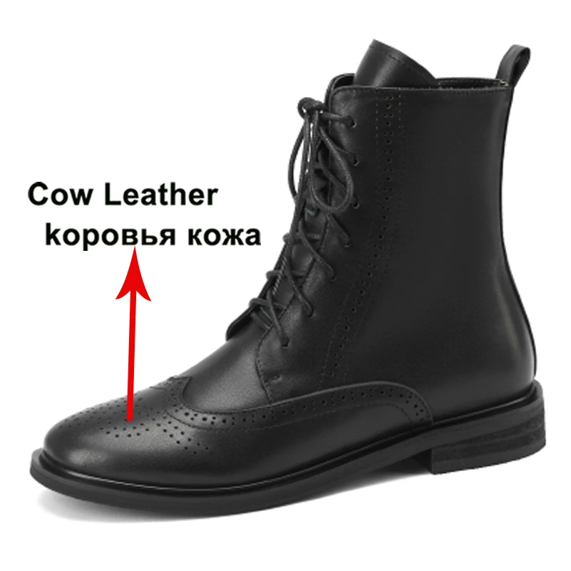 Meotina Women Shoes Genuine Leather Motorcycle Boots Flat With Ankle Boots Round Toe Ladies Short Boots Autumn Winter 40 Black