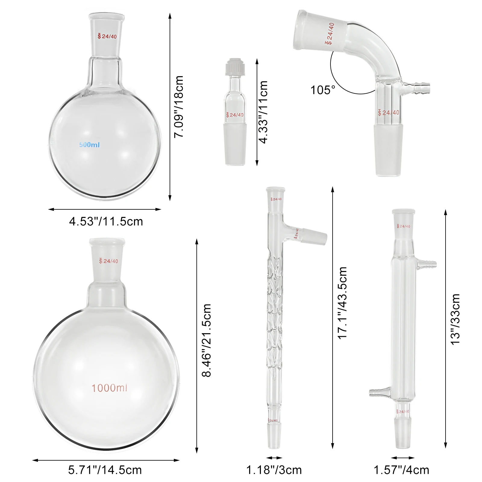 VEVOR 13/29/32 PCS Laboratory Glassware Chemistry Kit Distiller 24/40 Joints Flask Mortar and Pestle School Supplies Equipment