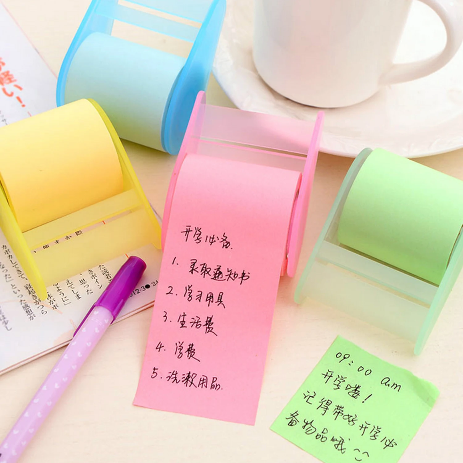 1 Roll Self Stick Sticky Notes Memo Pads Tape with Dispenser for Kids Adults Students Home Office School Supplies Random Color